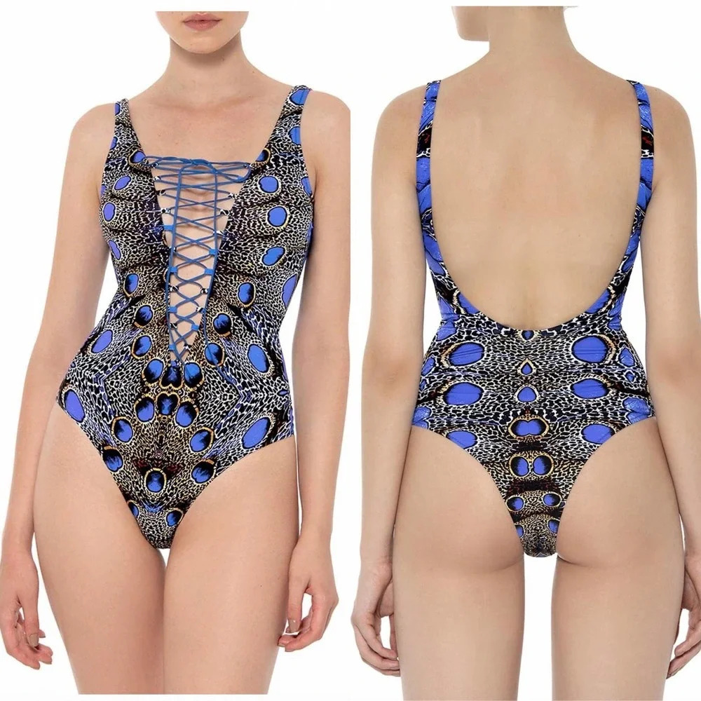 Noire Swimwear Feathers Lace-Up One-Piece‎ Swimsuit Size XS / US 0-2